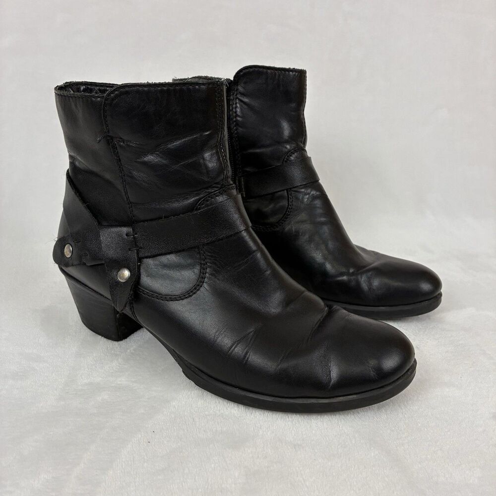 Rieker Boots Women’s Size 6 EU 37 Black Leather Low Heeled Booties Strap Studs